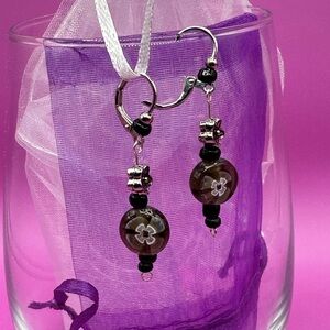 Floral Black Glass and Silver Earrings